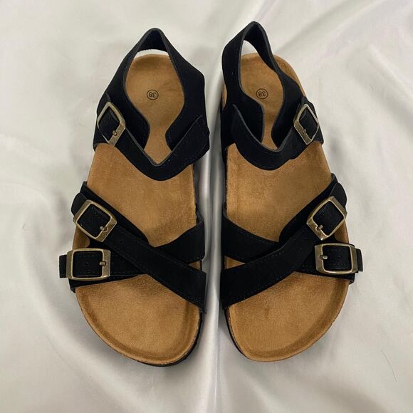Boho Black Faux Suede Criss Cross Ankle Strap Buckle Sandals EU 38 / US 7.5 - Picture 4 of 5